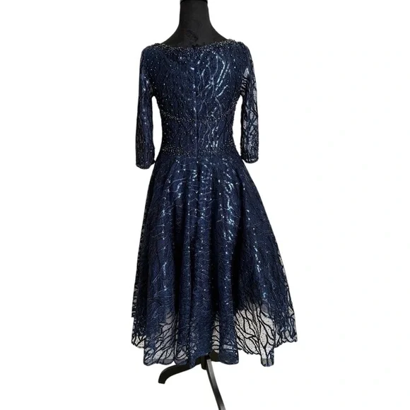 MAC DUGGAL HIGH NECK ABOVE ELBOW SLEEVE EMBELLISHED ALINE NAVY MIDI DRESS 4 - Picture 8 of 14